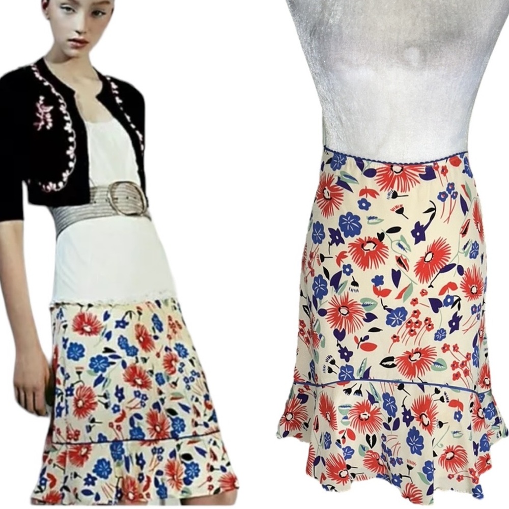 Anthropologie Floral Midi Skirt - Red, Blue, Cream